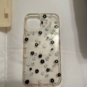 iPhone 13 case. Black, white and gold daisy print.